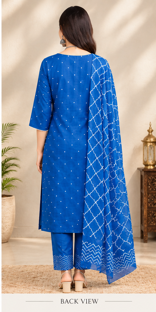 Women Bright Blue Printed Ethnic Suit Set with Lace-Trimmed V-Neck & Chevron Pants
