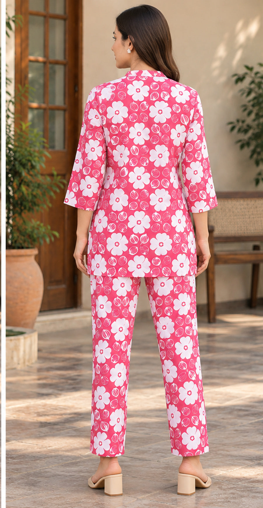 Women Pink Floral Printed Cotton Co-Ord Set with Pockets
