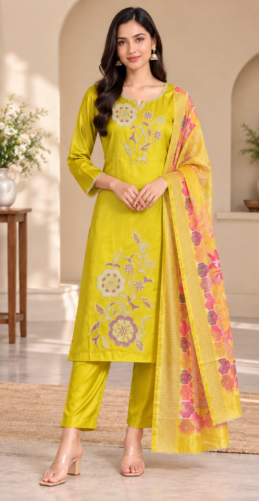 Women Yellow Floral Embroidered Kurta & Pant Set with Matching Dupatta