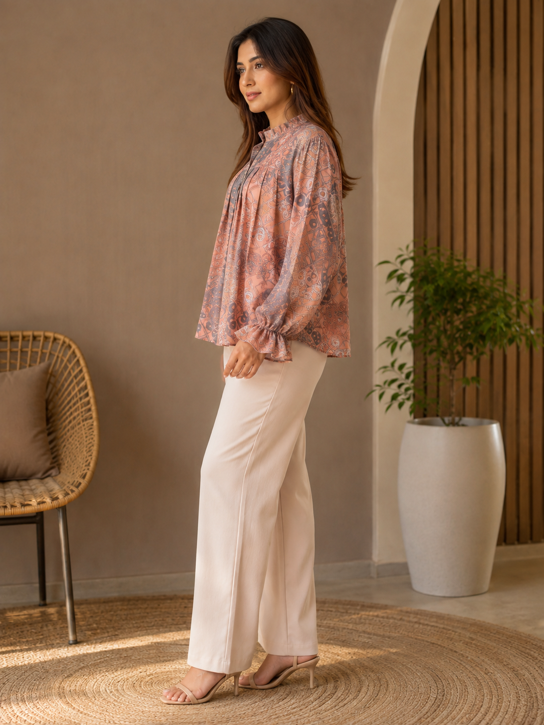 Women Peach and Grey Abstract Print Ruffle-Neck Pleated Blouse Top