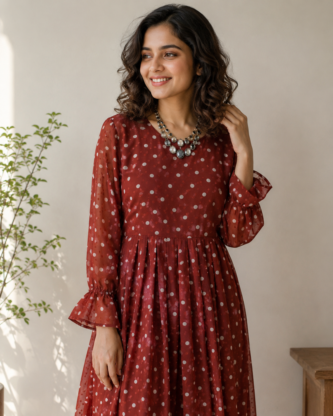 Women Casual Classic Burgundy Polka Dot Sheer Long Dress