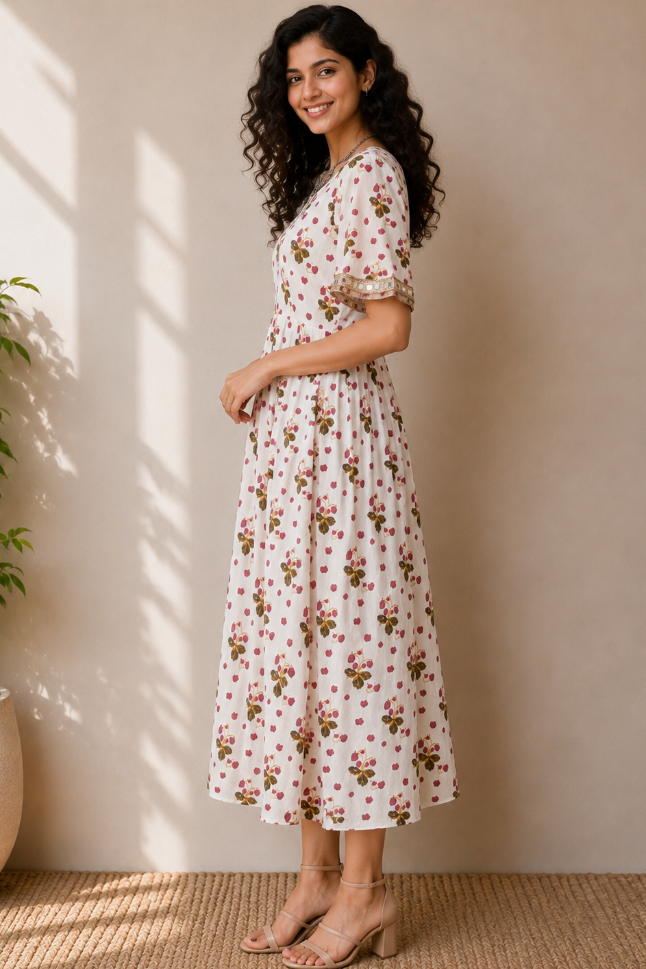Women Casual Floral Print Midi Dress,Short flared sleeves with Gota Patti & mirror accents