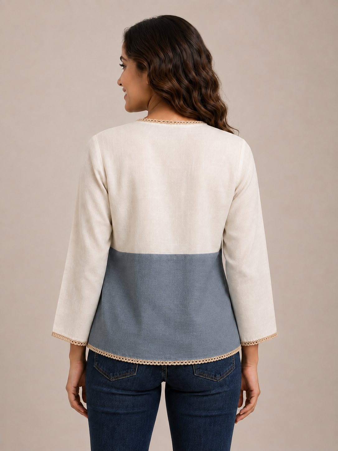 Casual Imported Fabric V neck -Line Lace Trim Wrap Top
