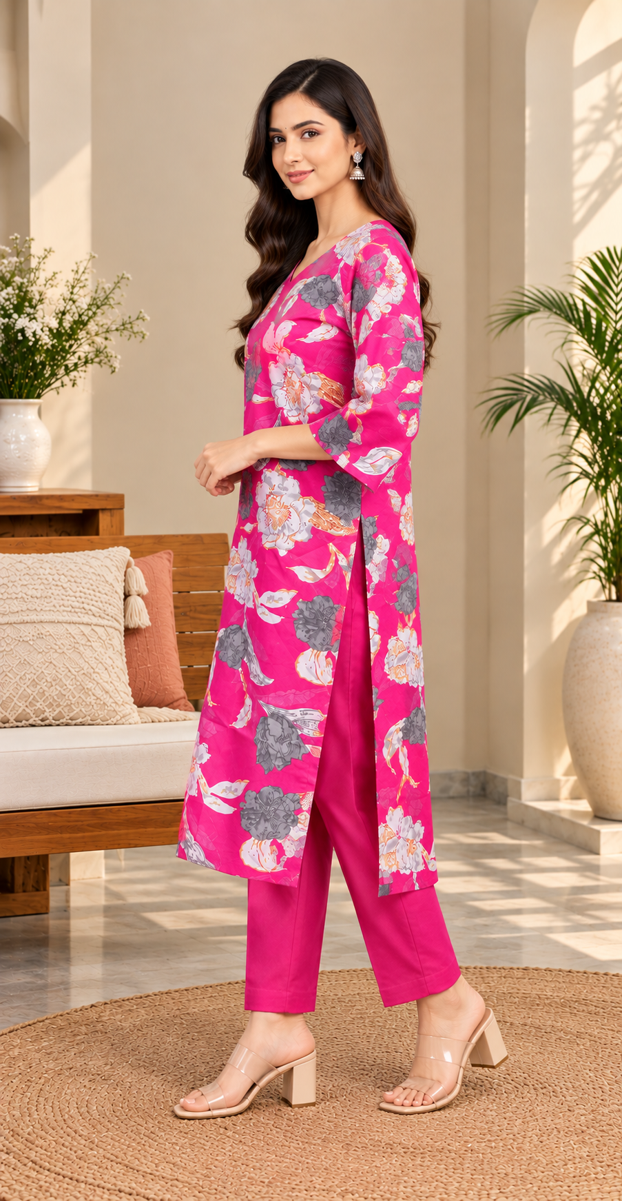 Women V-Neck Pink Cotton Ethnic Kurta and Matching Trouser Set