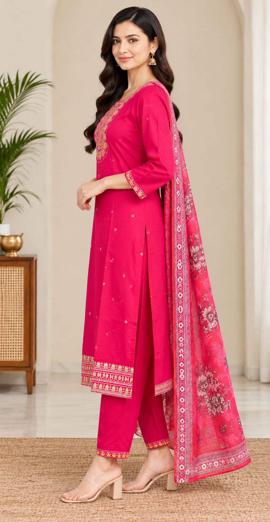 Women Pink Embroidered Kurta & Pant Set with Floral Digital Printed Dupatta