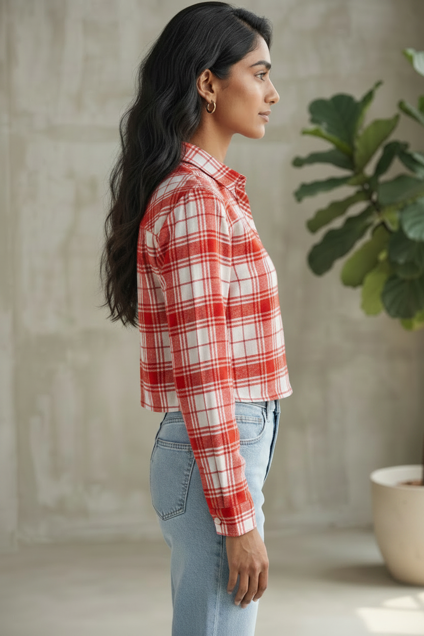 Women Casual Checkered print Crop Shirt top & Inner Set