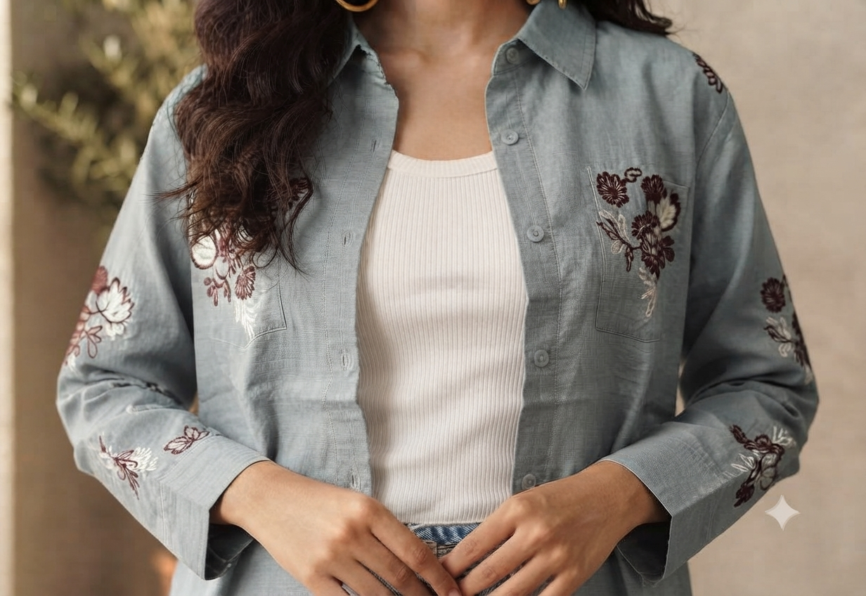 Women casual Embroidered Top Shirt & Inner Set