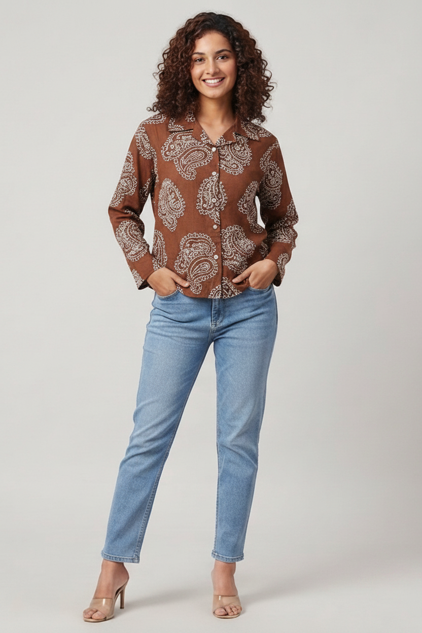Women Paisley and chain-stitch embroidered pattern Collared Shirt