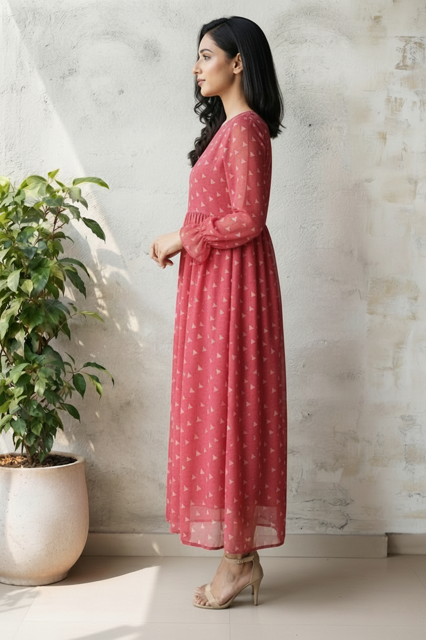 Women Casual Sweetheart Pink Heart-Print Chiffon Midi/ Long Dress
