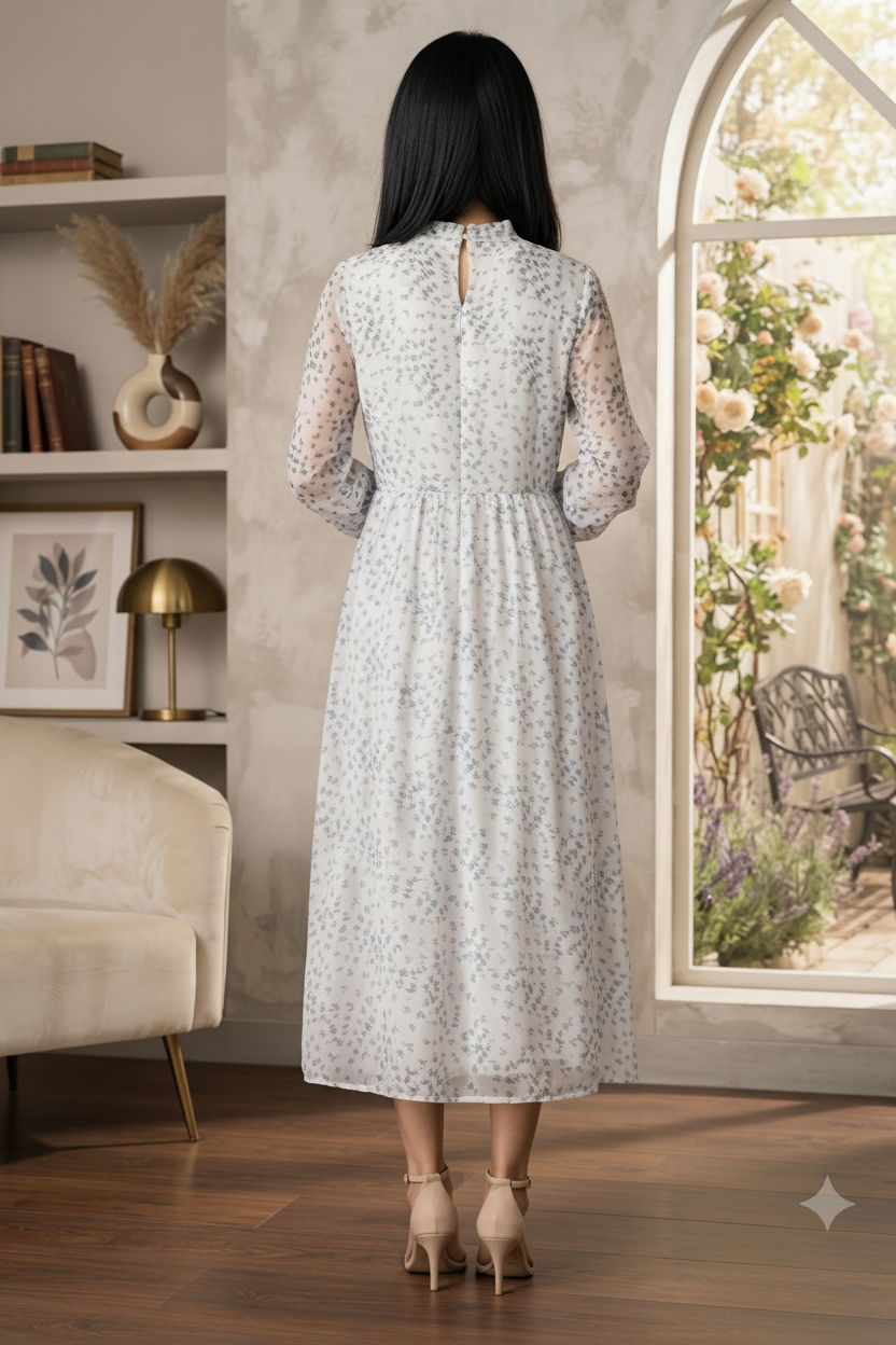 Women Casual Ethereal White & Blue Heart-Print Chiffon Midi Dress