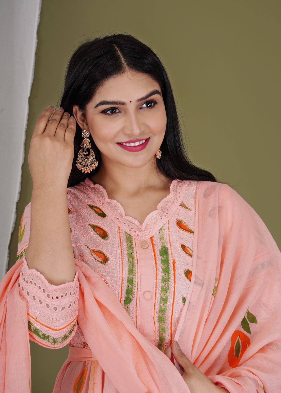 Women Pure Cotton Pink Kurta, Pant and Dupatta Set