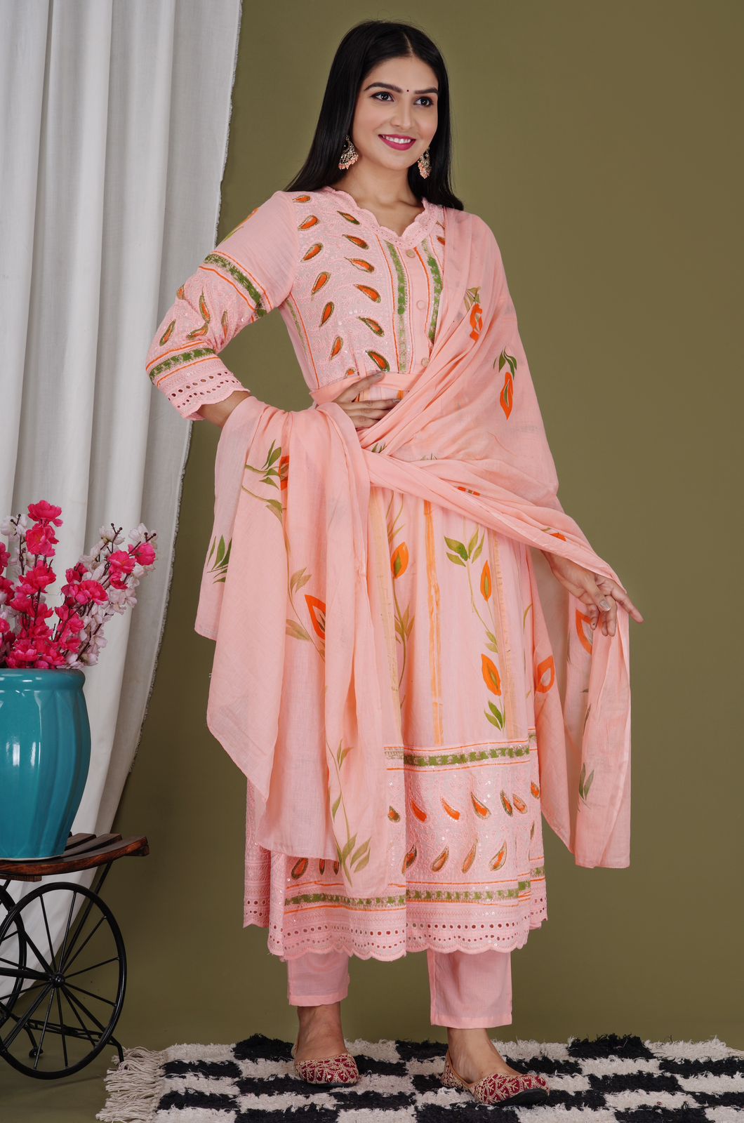 Women Pure Cotton Pink Kurta, Pant and Dupatta Set