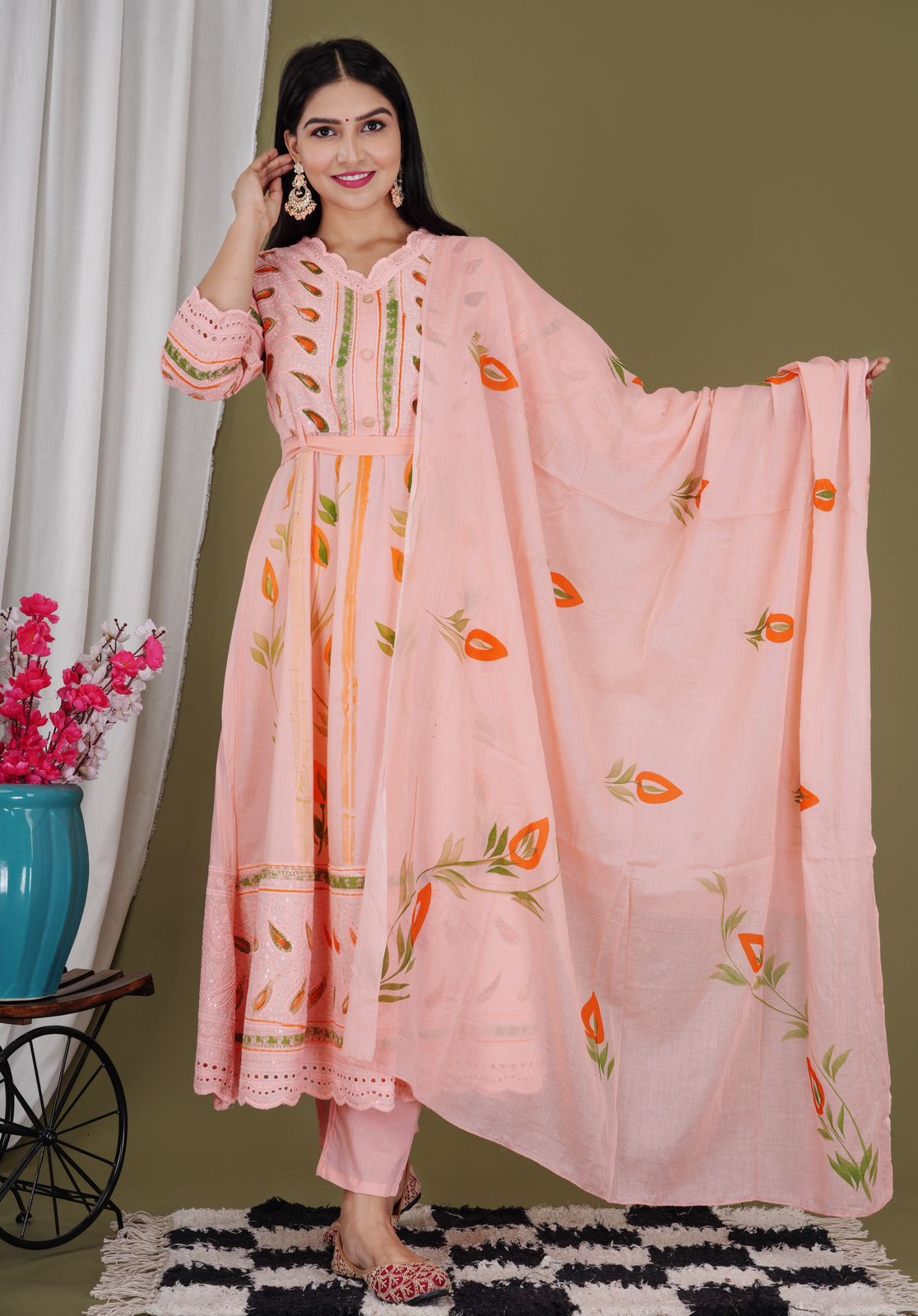 Women Pure Cotton Pink Kurta, Pant and Dupatta Set