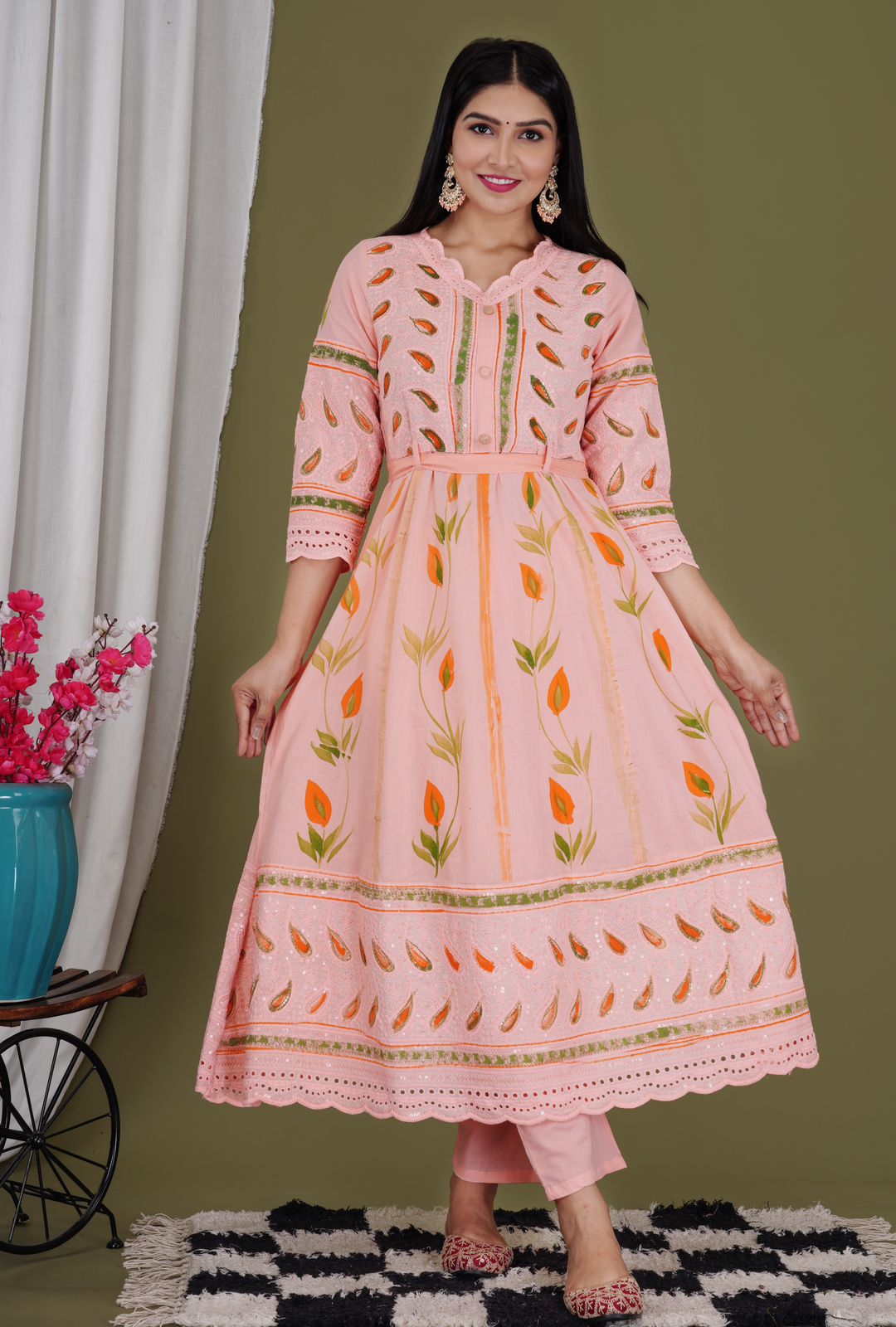Women Pure Cotton Pink Kurta, Pant and Dupatta Set