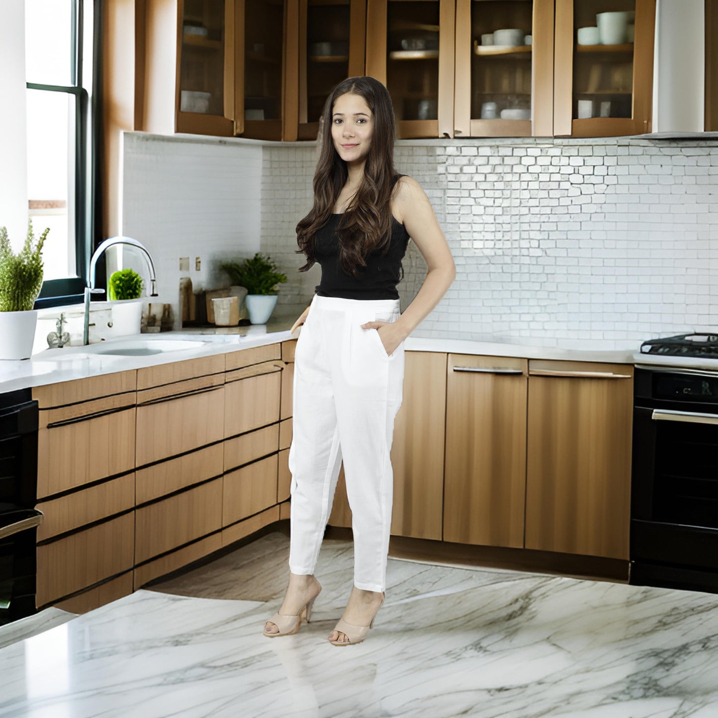 Women Slim Fit White Pure Cotton Trousers