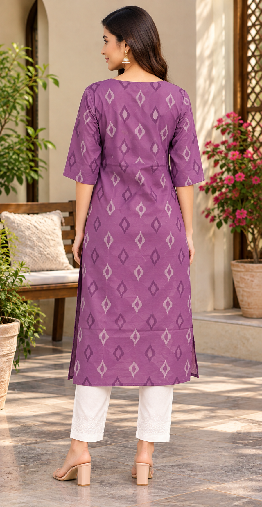 Women Purple Ikat Print Premium Rayon Straight Kurta with Button & Mirror Accent Yoke