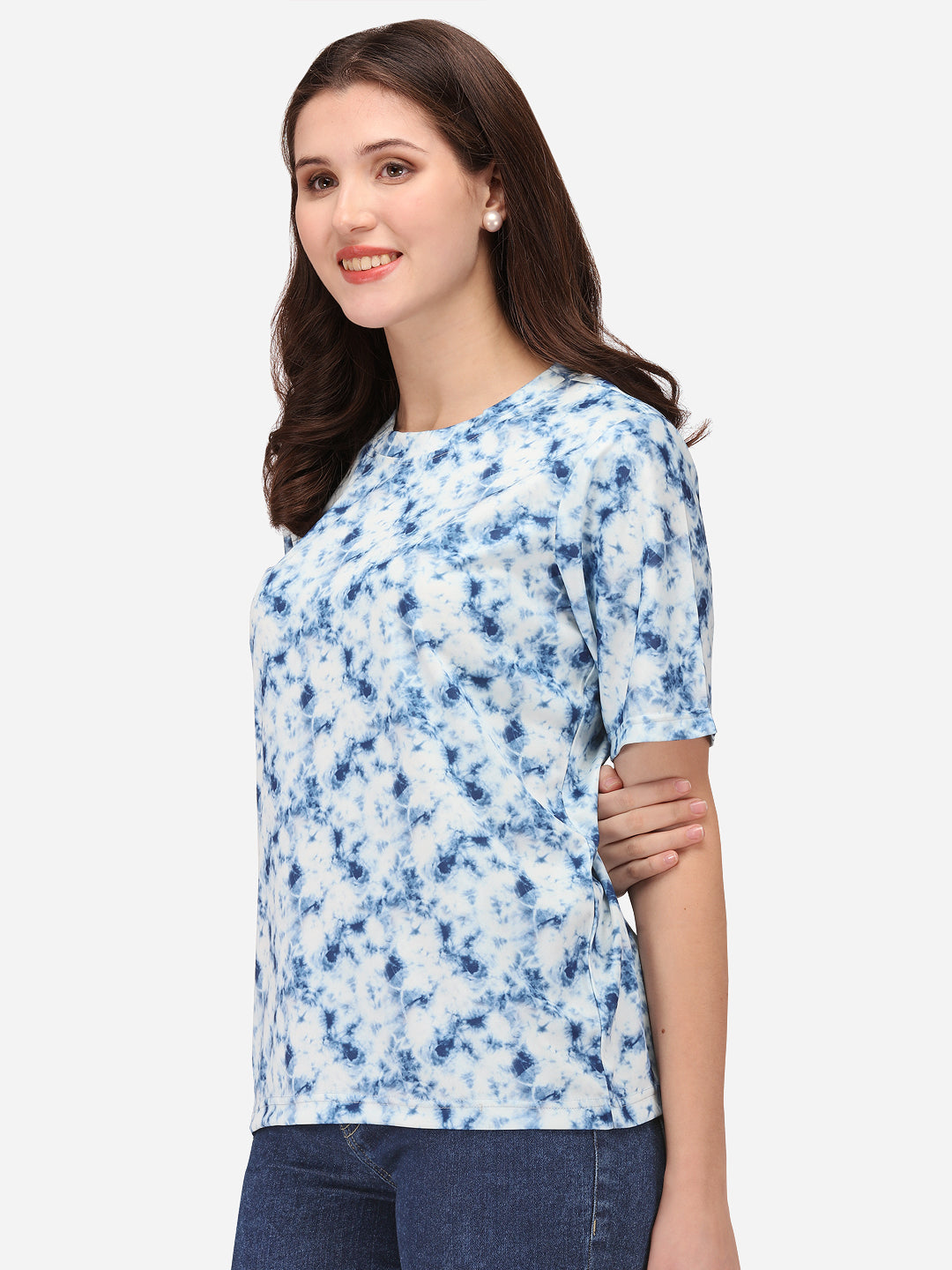 Women Printed Round Neck Cotton Blend White and Blue T-Shirt