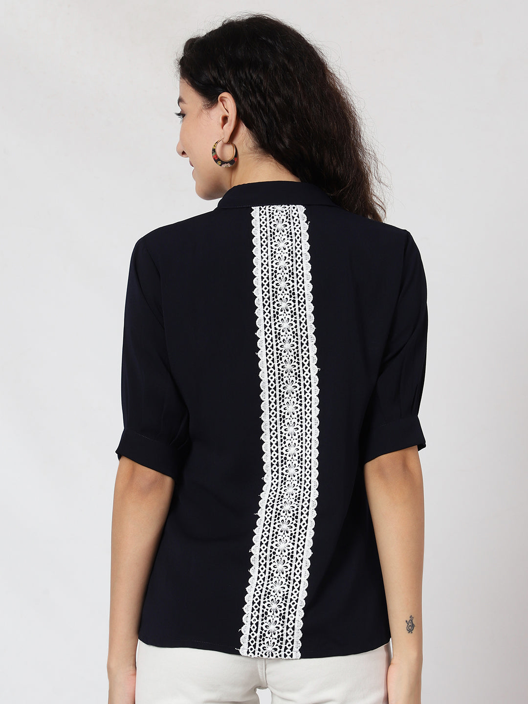 Casual Puff Sleeves Self Design Women Black Top