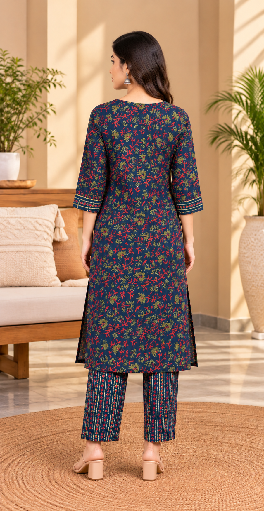Women Indigo Blue & Crimson Floral Cotton Kurta & Pant 2-Piece Set