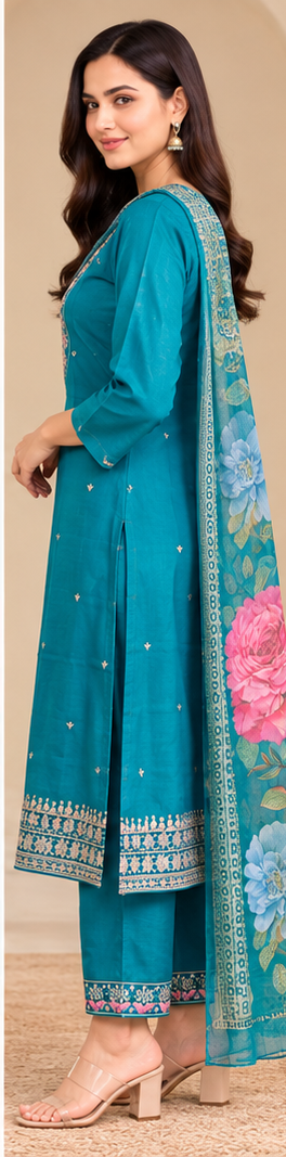 Women Teal Blue Embroidered Kurta & Pant Set with Floral Digital Printed Dupatta
