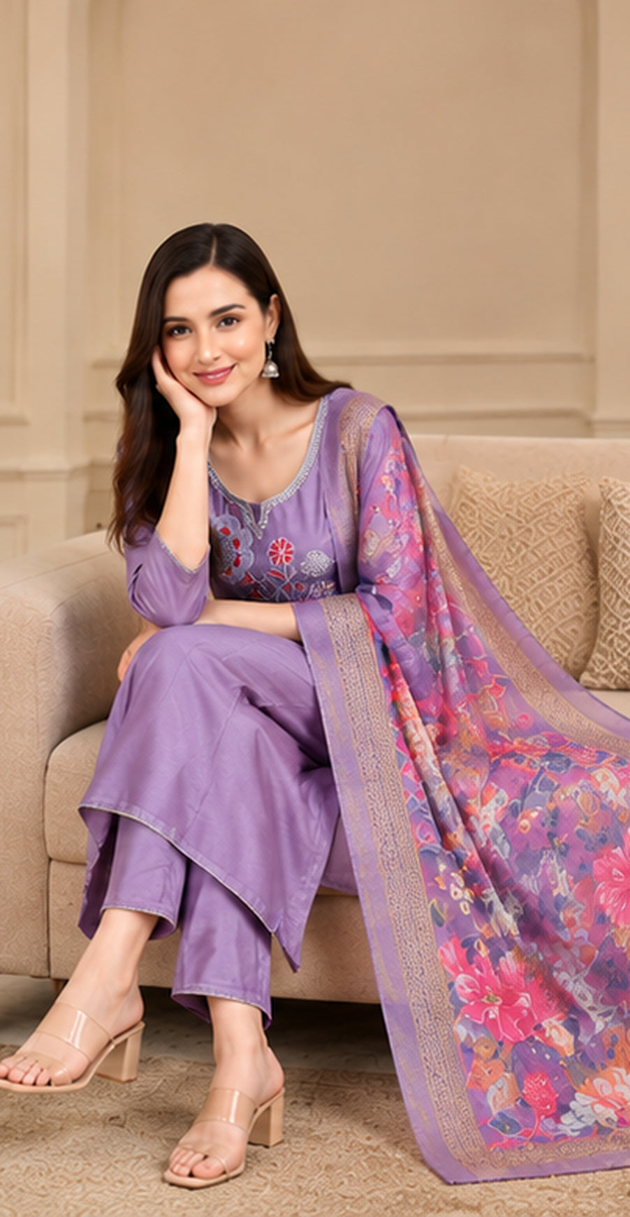 Women Purple Floral Embroidered Kurta & Pant Set with Matching Dupatta