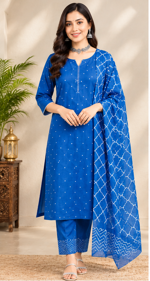 Women Bright Blue Printed Ethnic Suit Set with Lace-Trimmed V-Neck & Chevron Pants