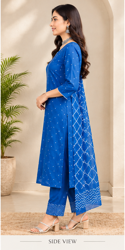 Women Bright Blue Printed Ethnic Suit Set with Lace-Trimmed V-Neck & Chevron Pants