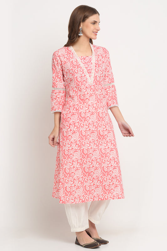 Women Self Design Pure Cotton Straight Kurta (Pink, White)