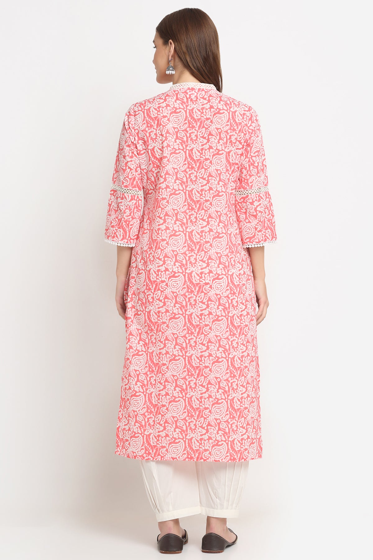 Women Self Design Pure Cotton Straight Kurta (Pink, White)
