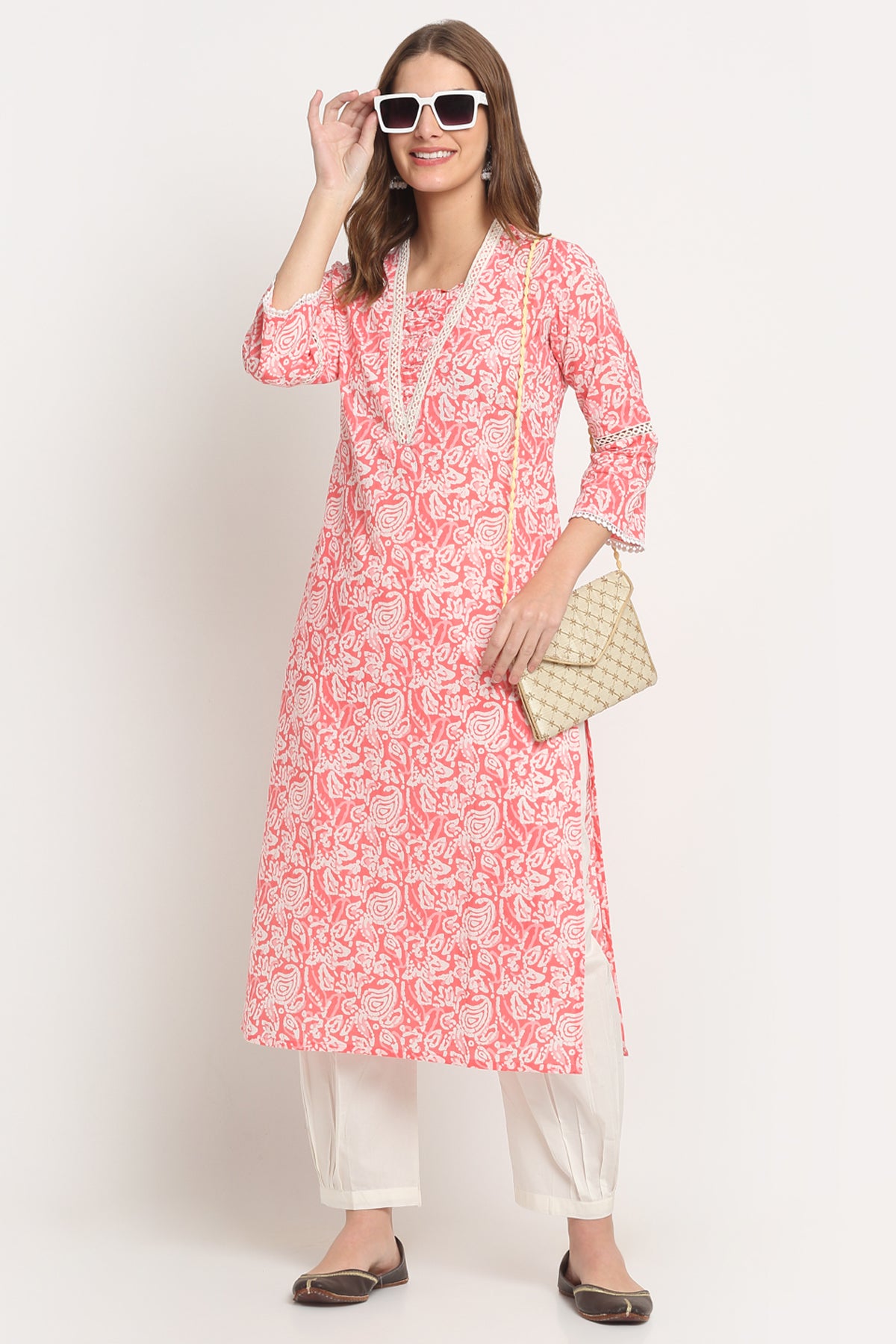 Women Self Design Pure Cotton Straight Kurta (Pink, White)