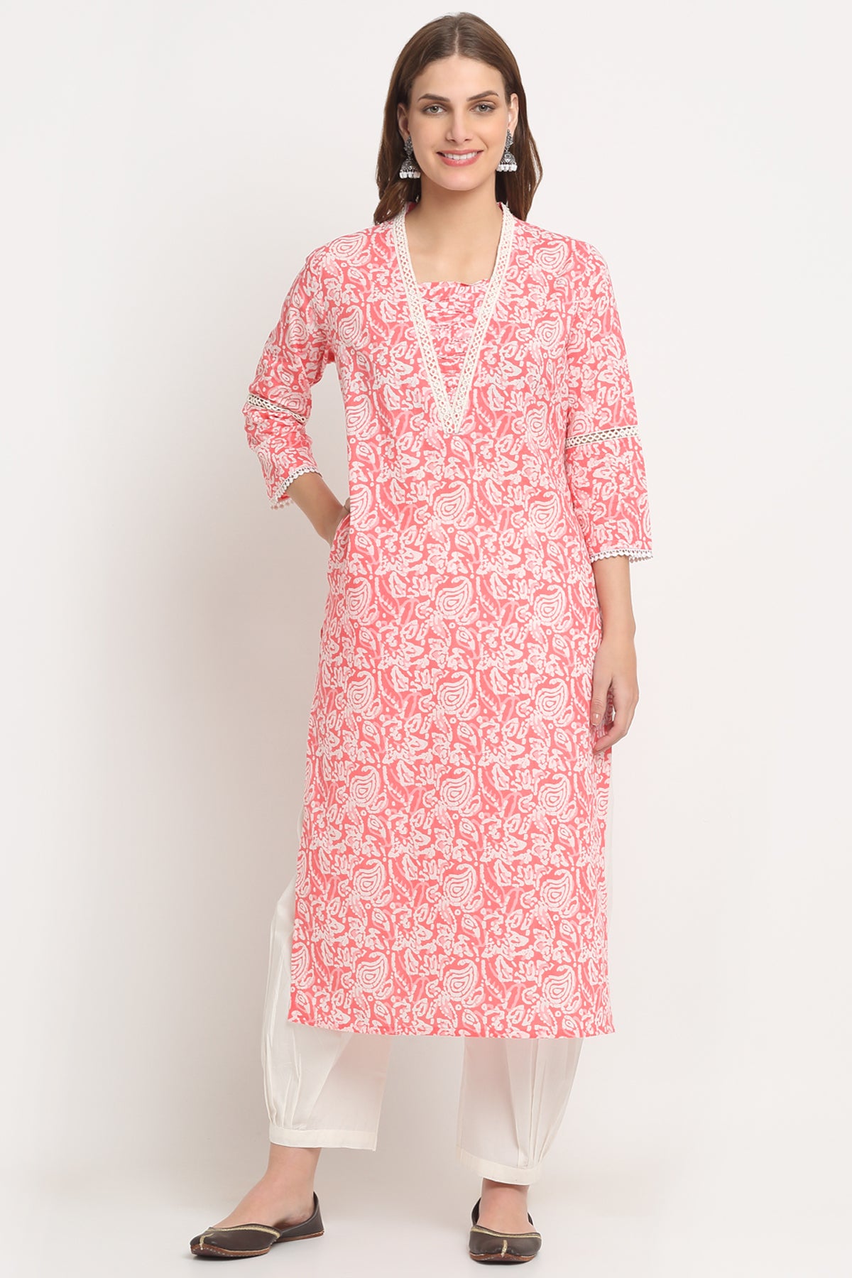 Women Self Design Pure Cotton Straight Kurta (Pink, White)