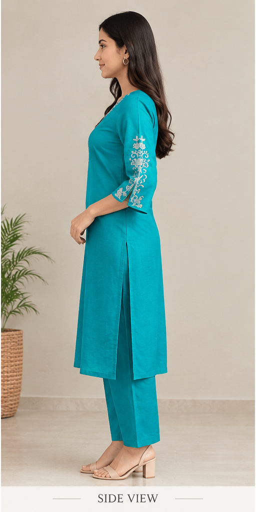 Women Green Embroidered V-Neck Kurta with Bell Sleeves & Matching Trousers
