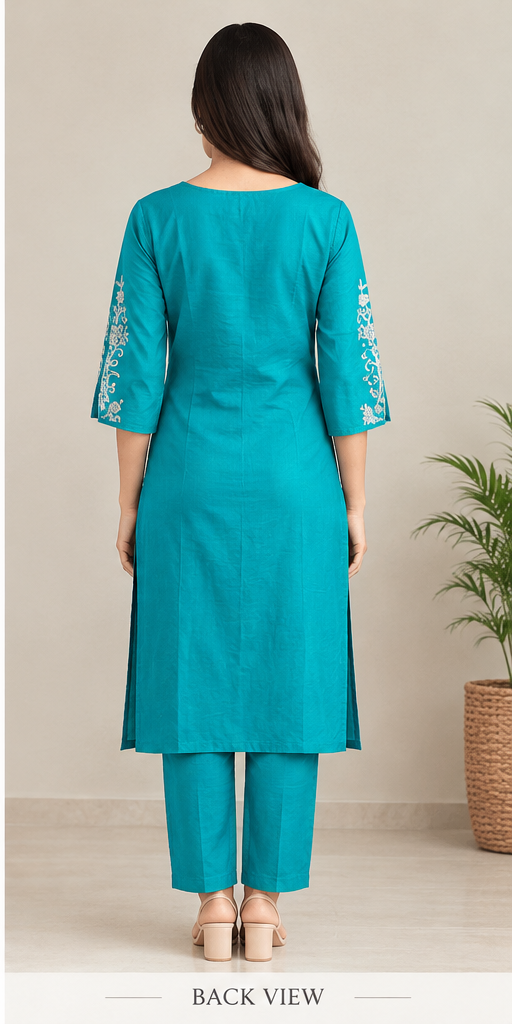Women Green Embroidered V-Neck Kurta with Bell Sleeves & Matching Trousers