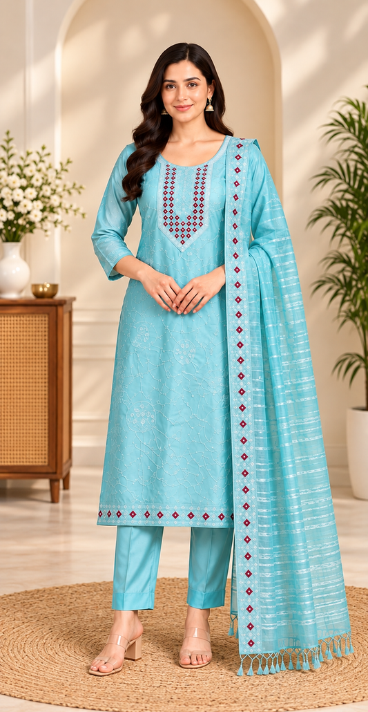 Women Elegant Cream Chanderi Silk Chikankari Style Kurta, Pant & Dupatta 3-Piece Set