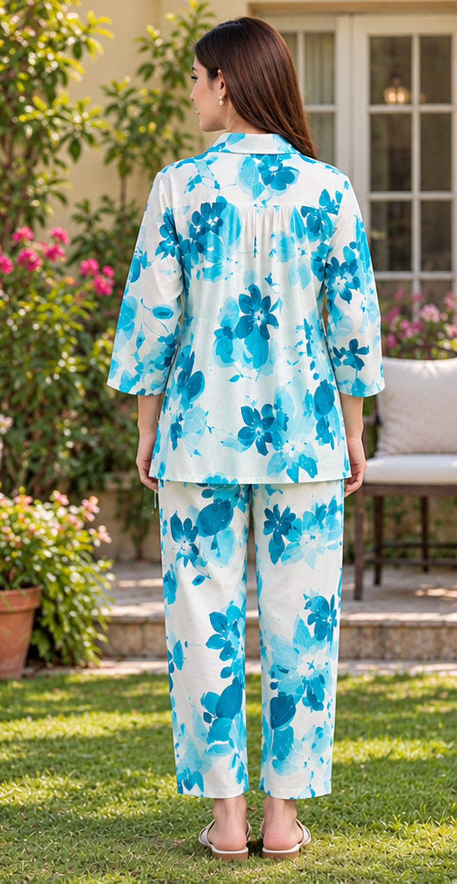 Women Blue Botanical Print Cotton Co-Ord Set with Collar & Adjustable Waistband