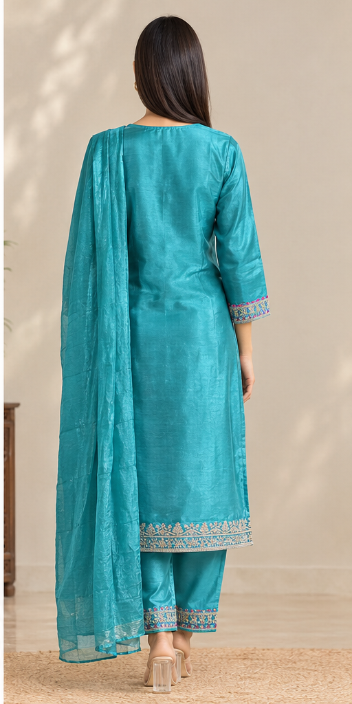 Women Ocean Teal Colour Tissue Silk Embroidered Suit Set with Matching Dupatta