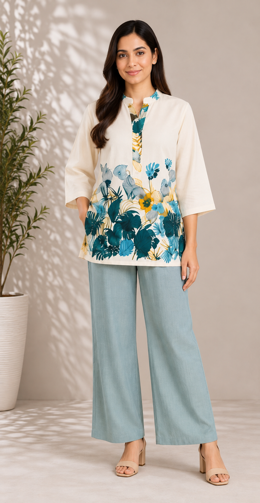 Women Tropical Floral Print Khadi Cotton Short Kurti with Mandarin Collar
