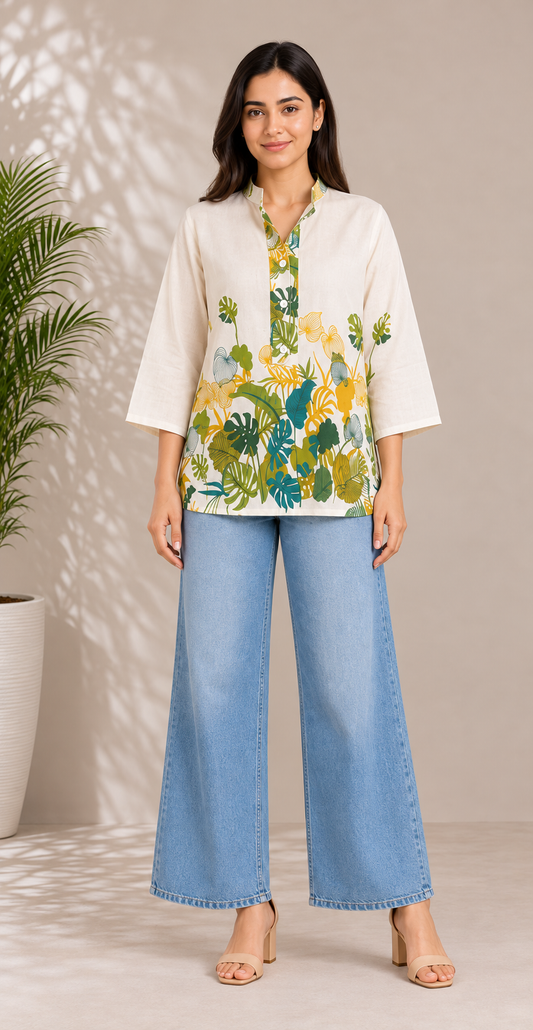 Women Tropical Floral Print Khadi Cotton Short Kurti with Mandarin Collar