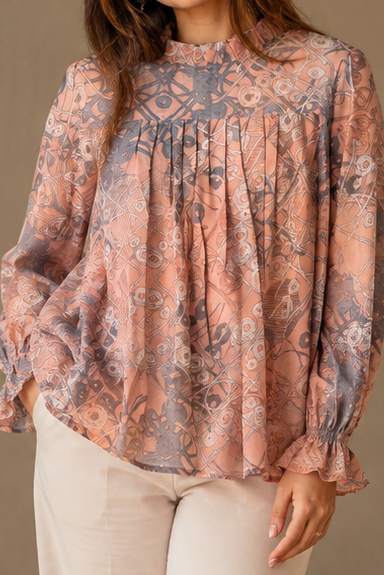 Women Peach and Grey Abstract Print Ruffle-Neck Pleated Blouse Top