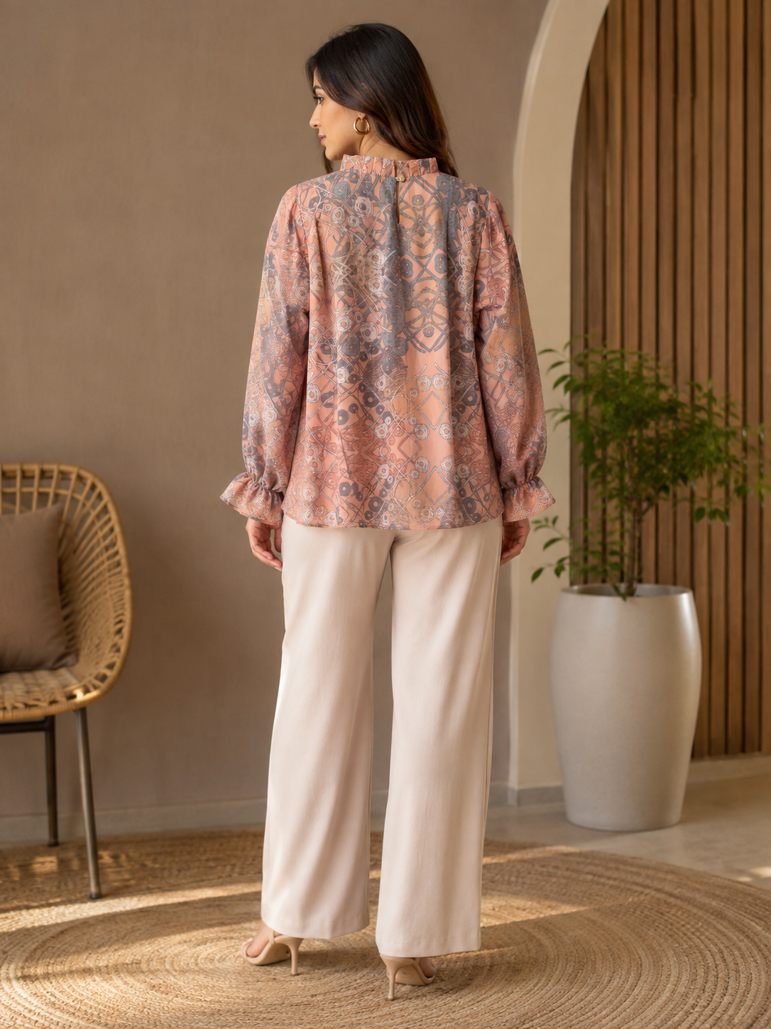 Women Peach and Grey Abstract Print Ruffle-Neck Pleated Blouse Top