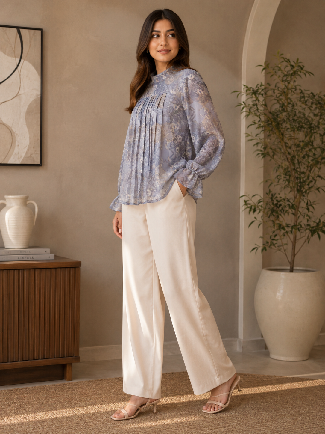 Women Blue Abstract Print Ruffle-Neck Pleated Blouse Top