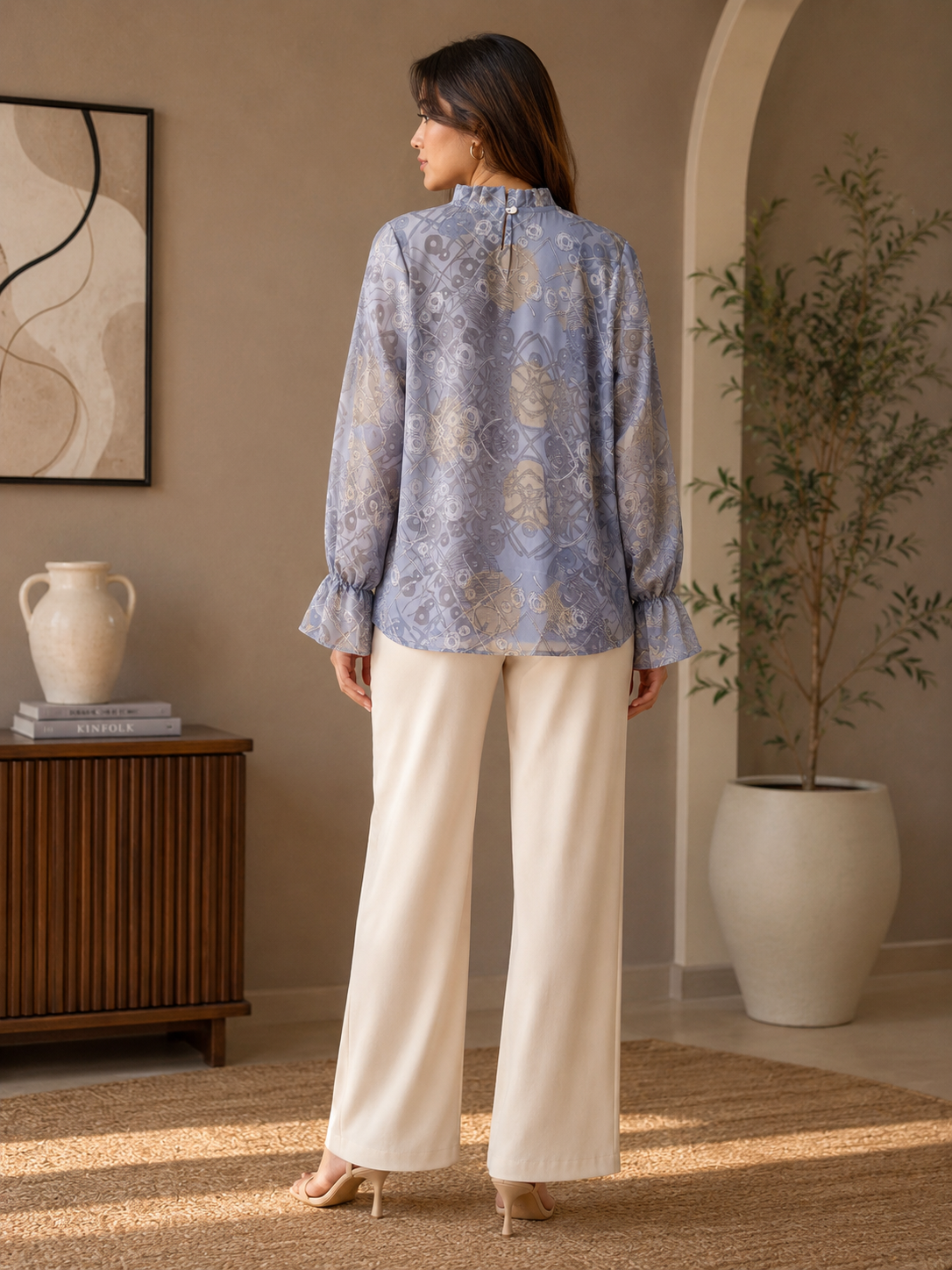 Women Blue Abstract Print Ruffle-Neck Pleated Blouse Top