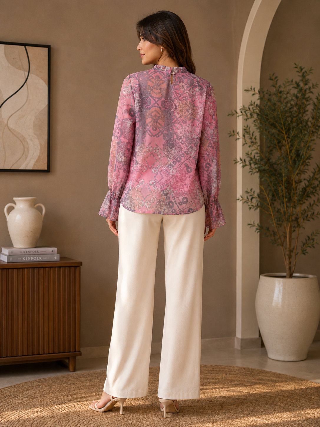 Women Pink and Purple Abstract Print Ruffle-Neck Pleated Blouse Top