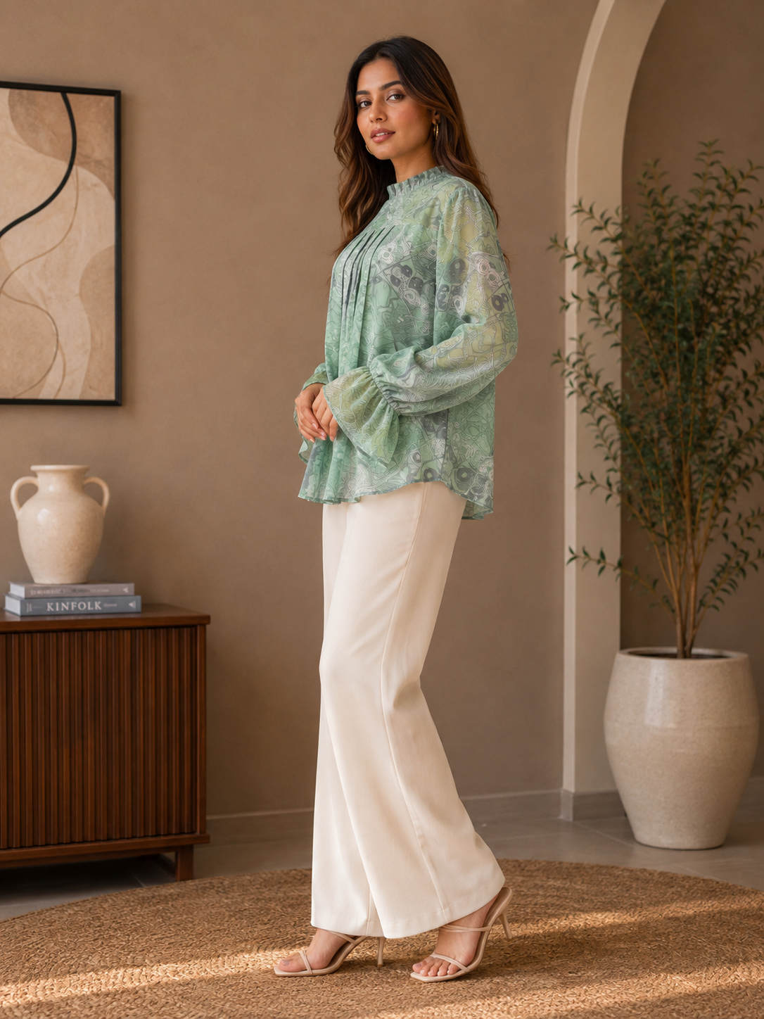 Women Sage Green Abstract Print Ruffle-Neck Pleated Blouse Top