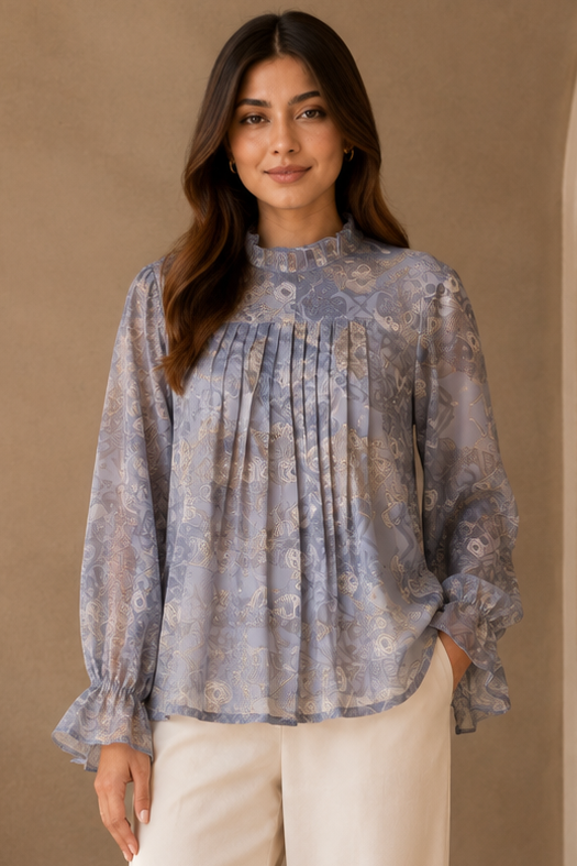 Women Blue Abstract Print Ruffle-Neck Pleated Blouse Top