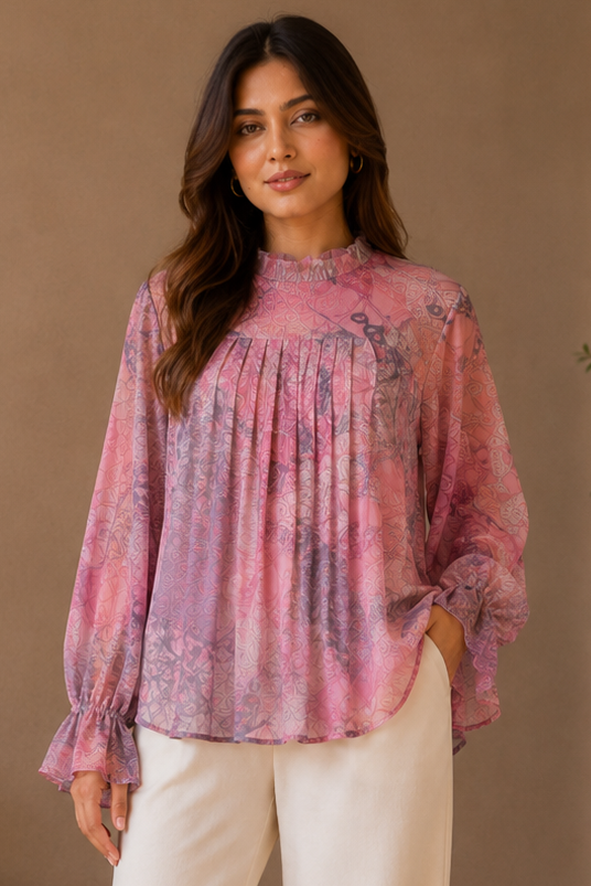 Women Pink and Purple Abstract Print Ruffle-Neck Pleated Blouse Top