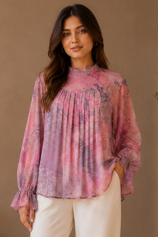 Women Pink and Purple Abstract Print Ruffle-Neck Pleated Blouse Top