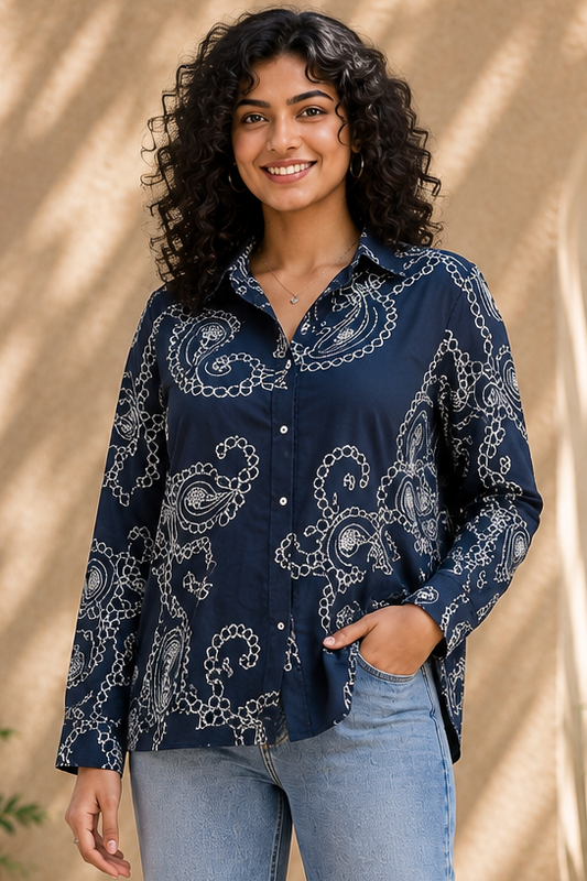 Women Paisley and chain-stitch embroidered pattern Collared Shirt