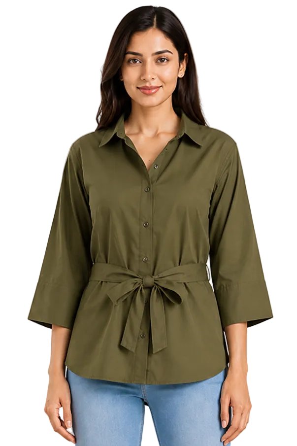 Women classic cotton collar shirt with Tie-Waist