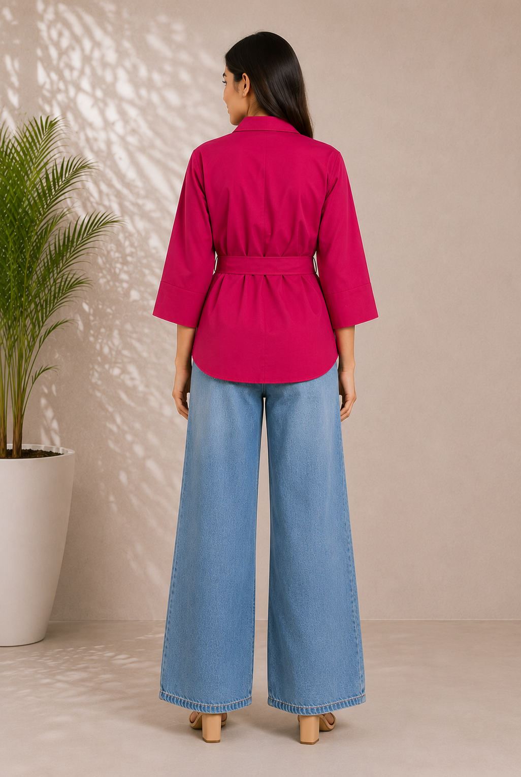 Women classic cotton collar shirt with Tie-Waist